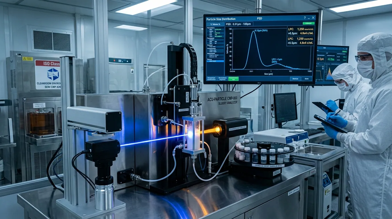 Centrifugal sedimentation nanoparticle analyzer in cleanroom measuring CMP slurry particle size distribution