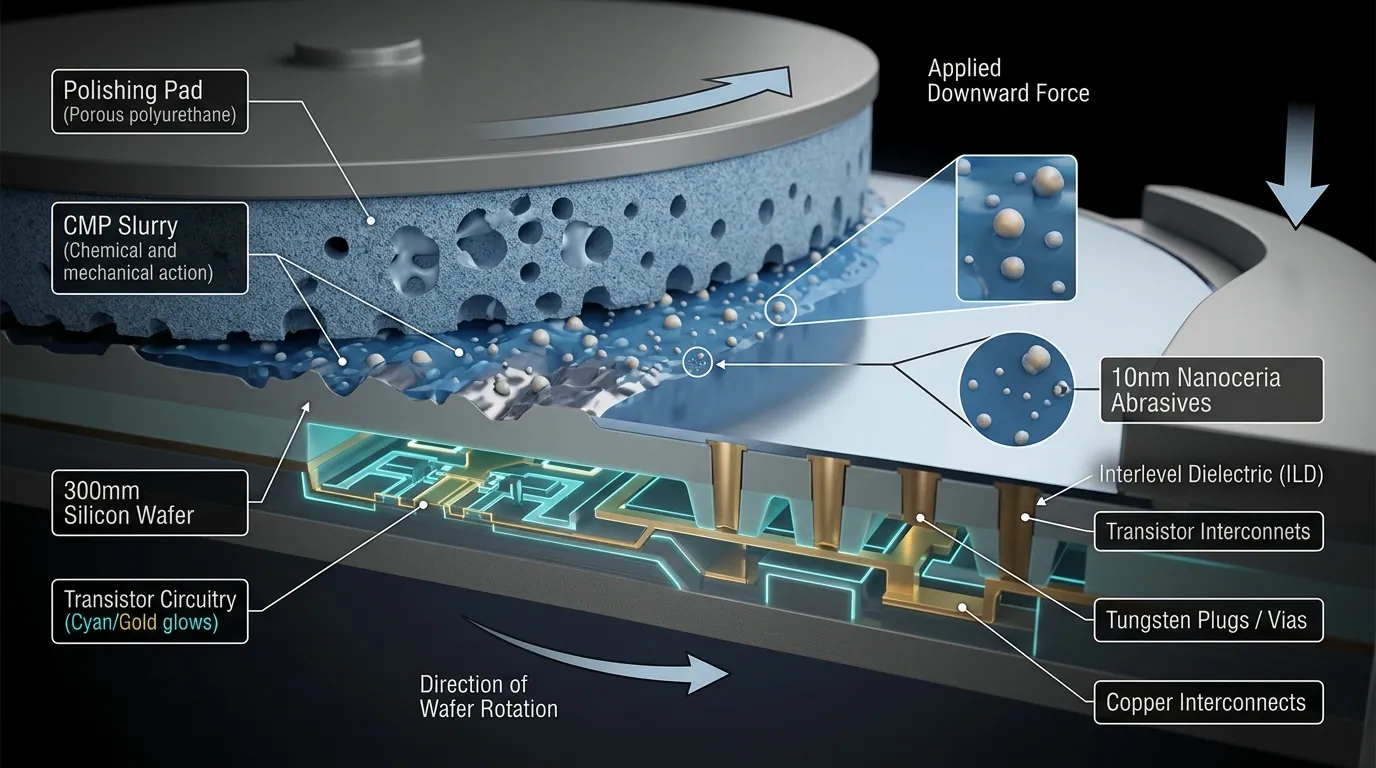 Cross-sectional illustration of Chemical Mechanical Planarization on a 300mm wafer with nanoscale ceria abrasives