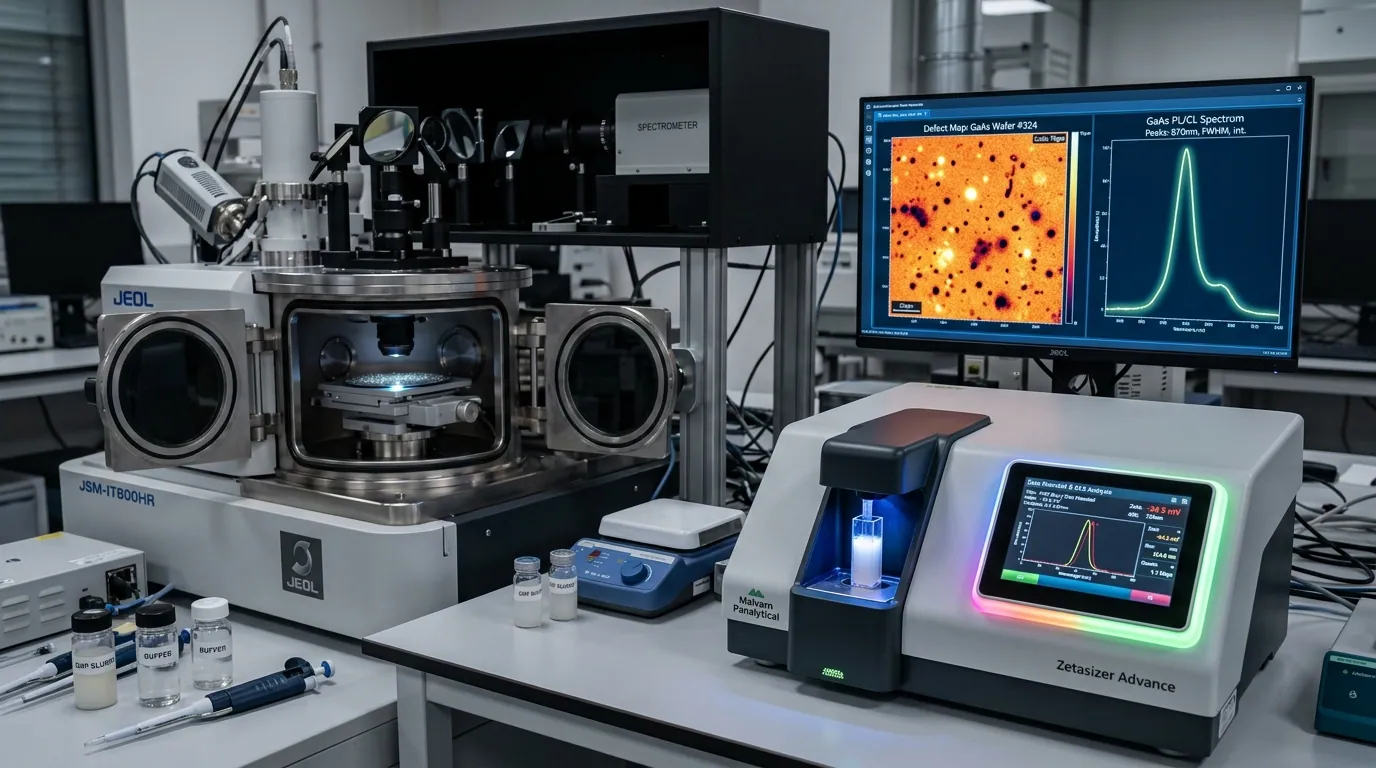 Particle zeta potential analyzer and cathodoluminescence spectroscopy tool for GaAs wafer defect mapping