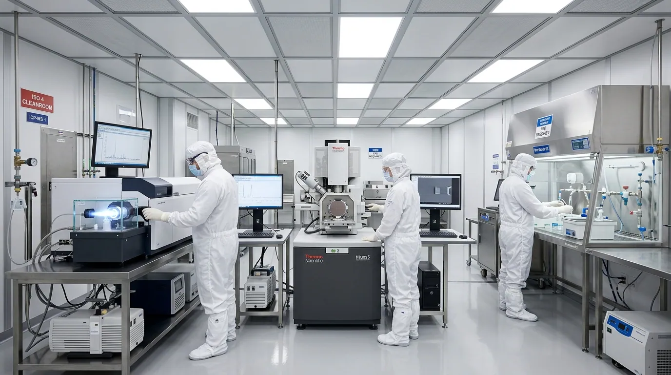 Modern cleanroom semiconductor analytical testing laboratory featuring ICP-MS and SEM wafer inspection system