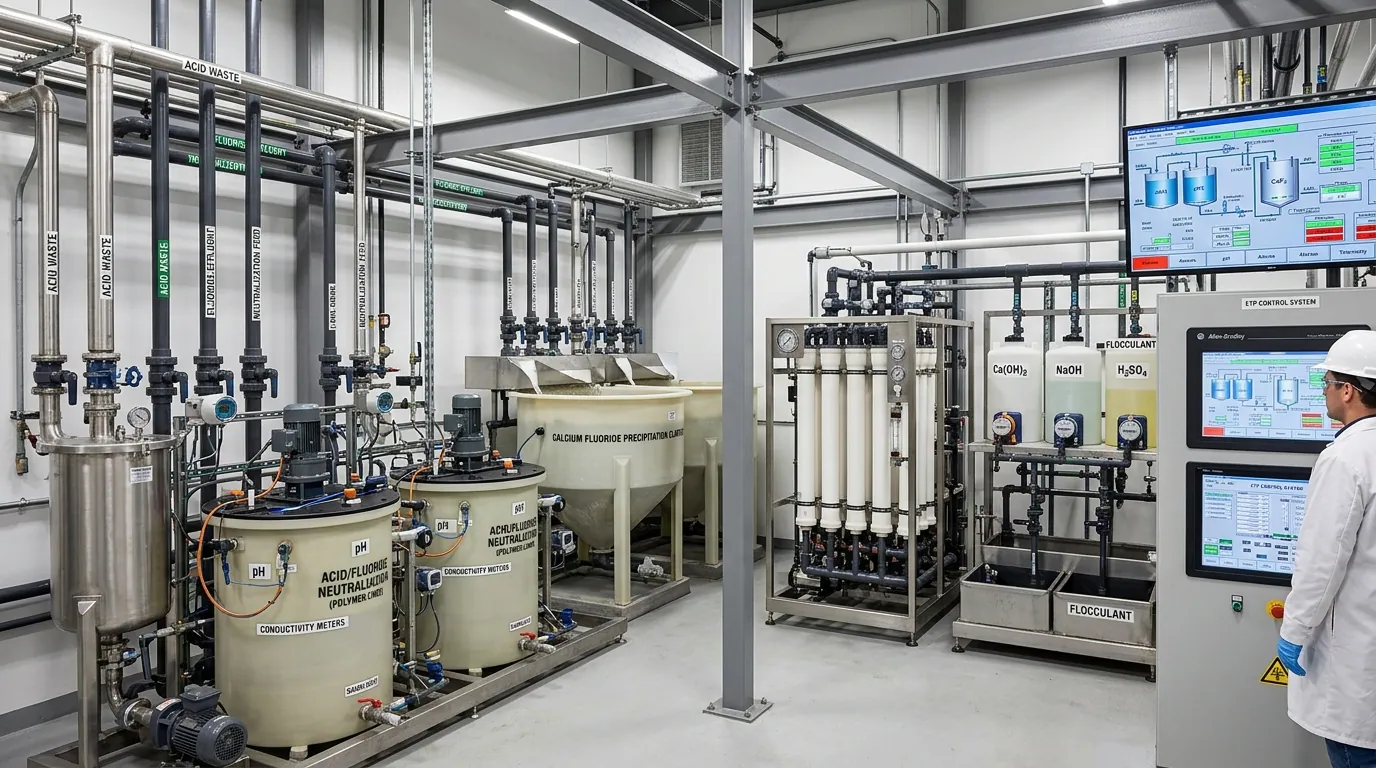 Specialized Effluent Treatment Plant (ETP) skid for semiconductor laboratory discharges with HF fluoride precipitation and ceramic membrane filtration